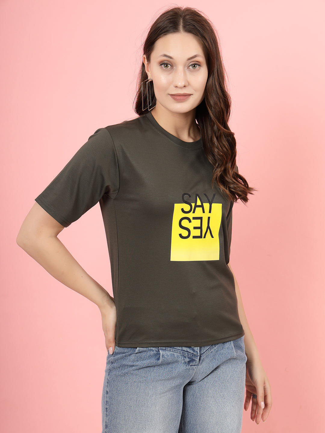Women Olive Printed Regular Fit T-Shirt