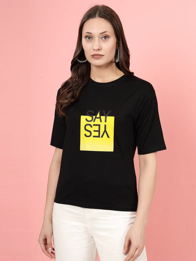 Women Black Printed Regular Fit T-Shirt