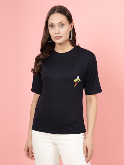 Navy Blue Printed Regular Fit T-Shirt for Women in Tencel Fabric.