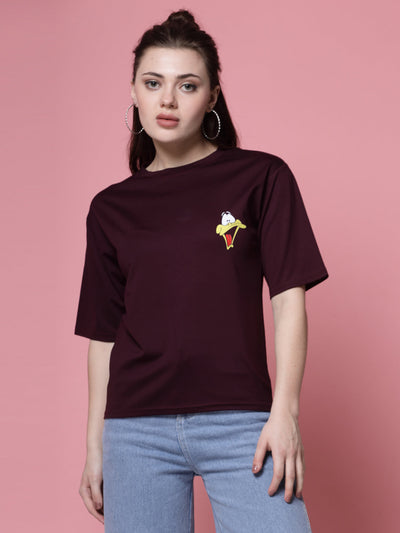 Women Wine Printed Regular Fit T-Shirt