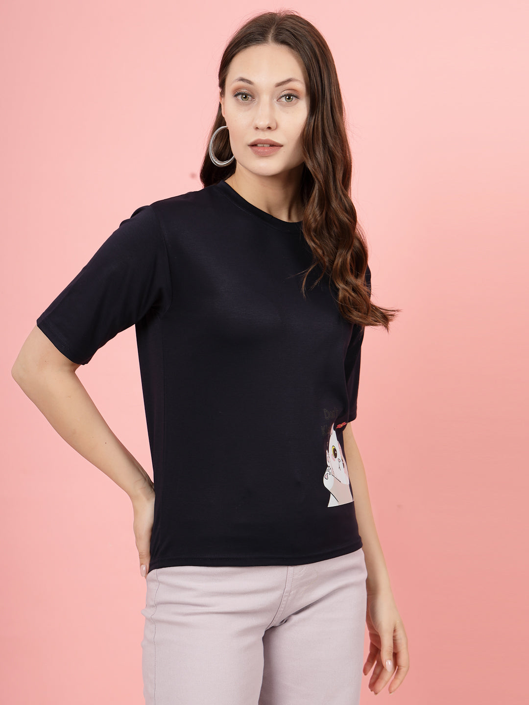 Navy blue printed regular fit T-shirt for women made from soft, sustainable Tencel fabric.