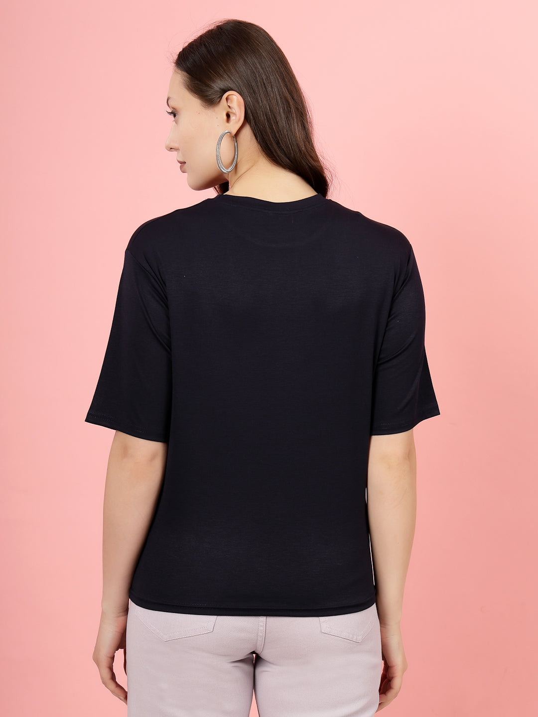 Navy blue printed regular fit Tencel women's T-shirt.