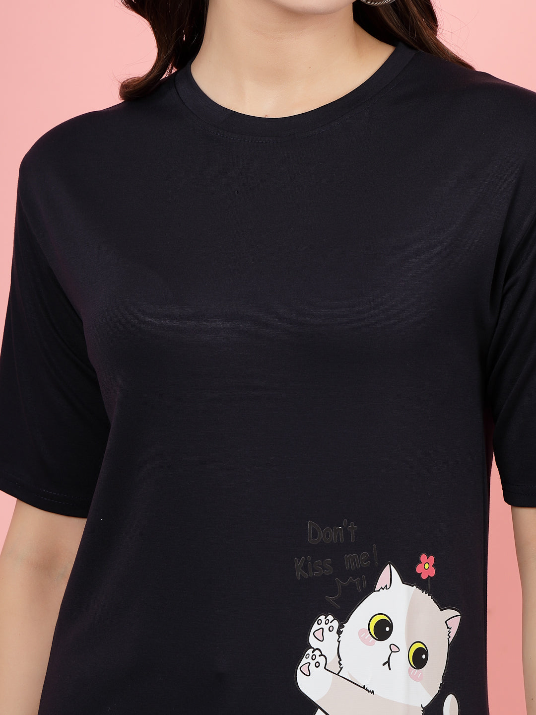 Navy Blue Printed Regular Fit T-Shirt with Cat Design for Women