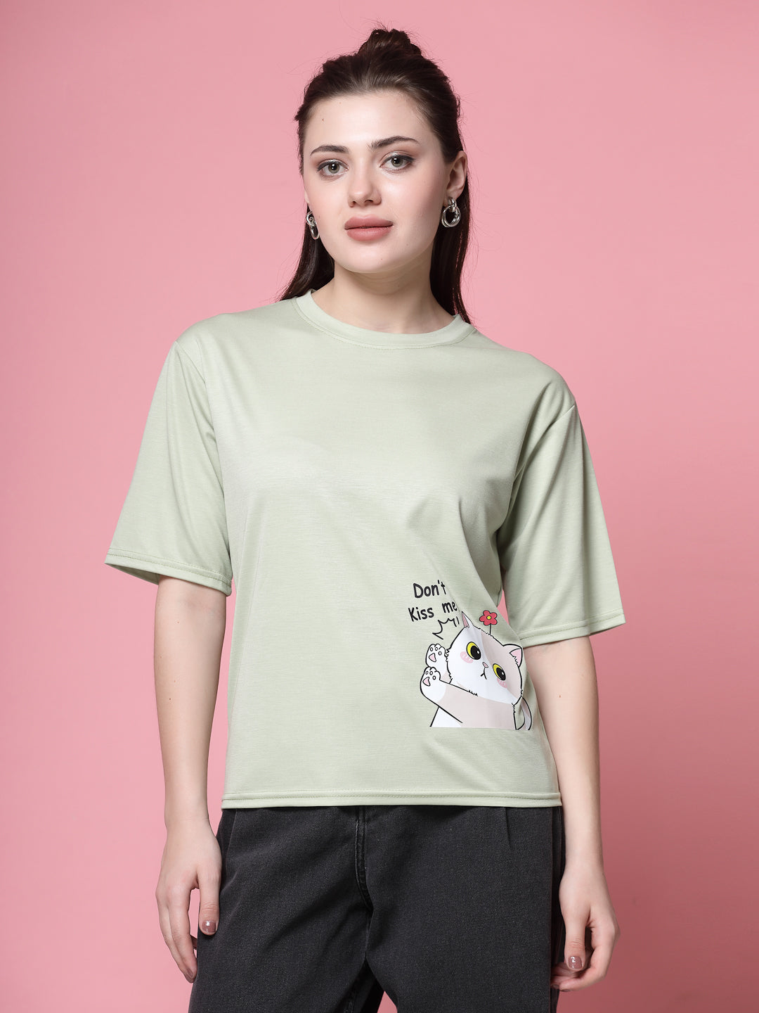 Pista Green Printed Regular Fit T-Shirt for women, crafted from soft Tencel fabric.