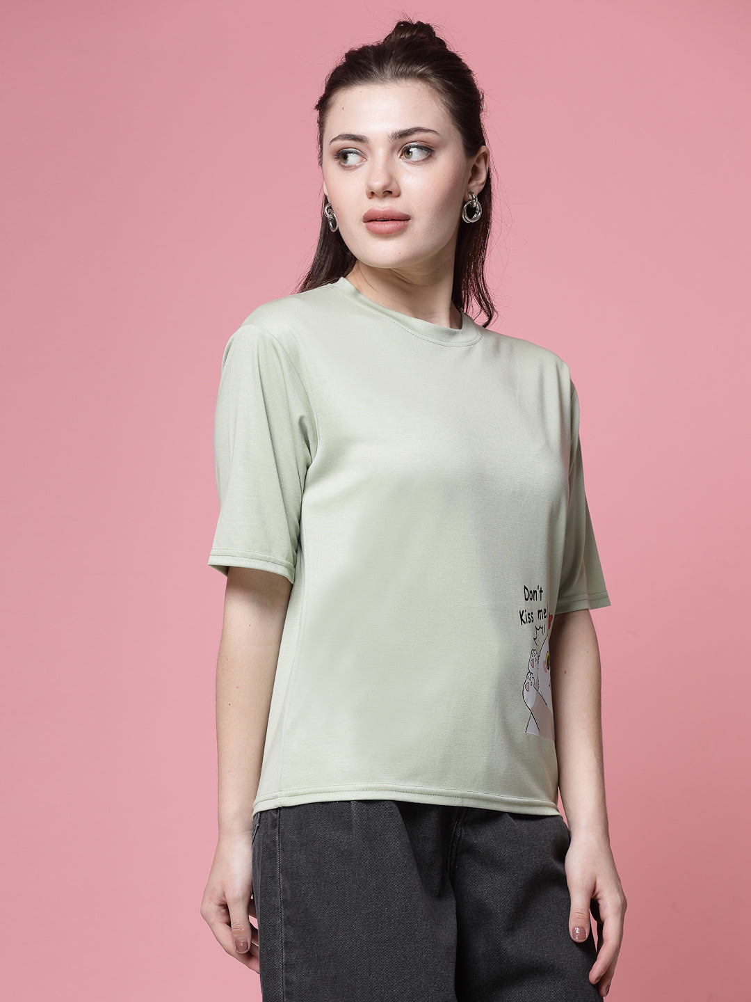 Pista green printed regular fit Tencel women's T-shirt.