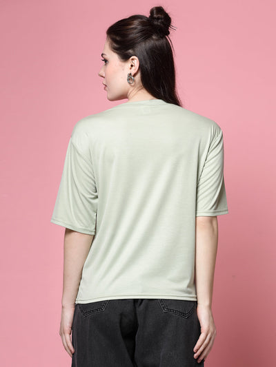 Pista green printed regular fit T-shirt crafted from premium Tencel fabric worn by woman.