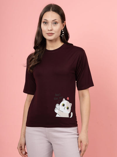 Wine Printed Regular Fit T-Shirt for Women in Premium Tencel Fabric