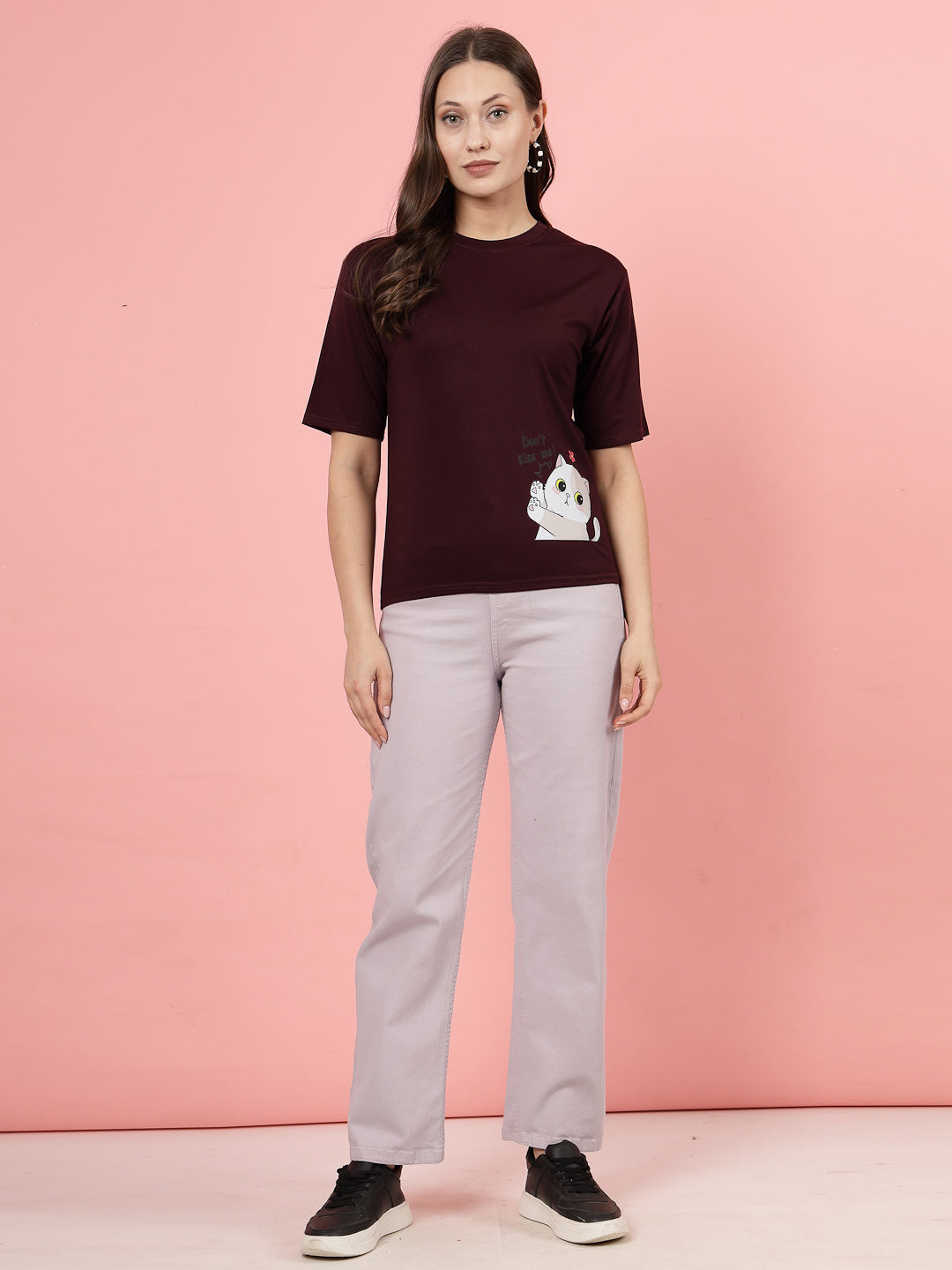 Wine Printed Regular Fit T-Shirt for Women made from soft Tencel fabric.