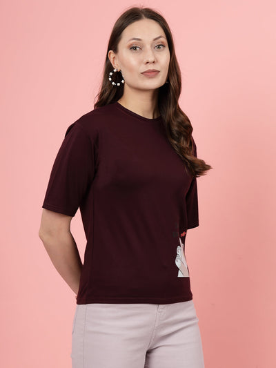 Wine printed regular fit Tencel women's T-shirt.