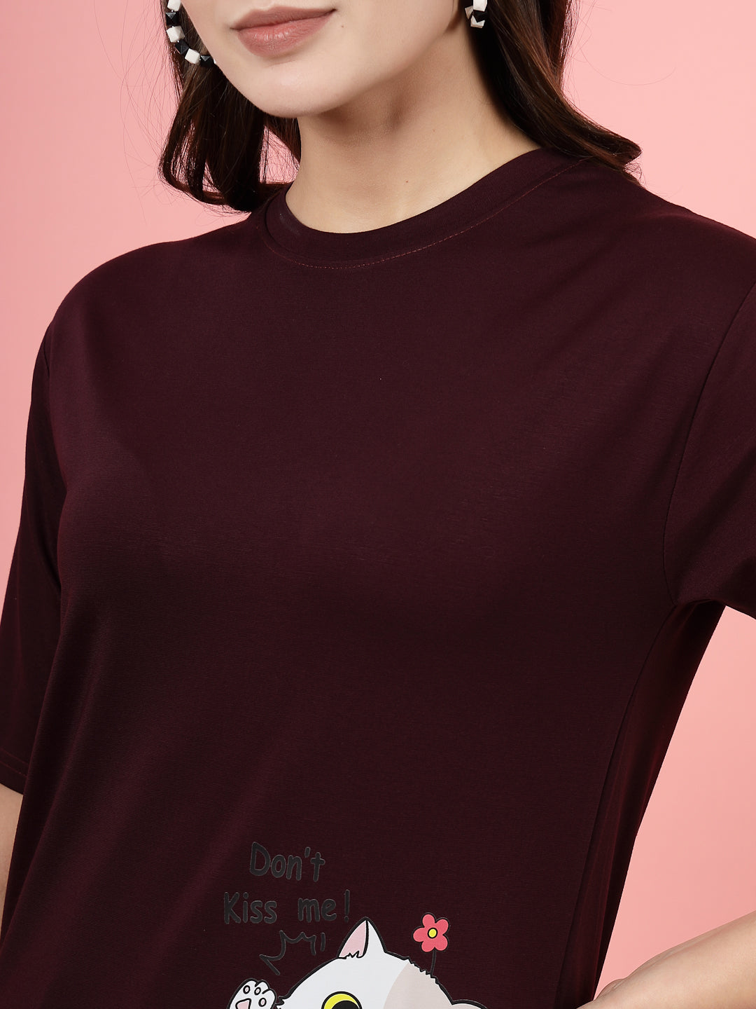 Wine printed regular fit T-shirt made from soft Tencel fabric.