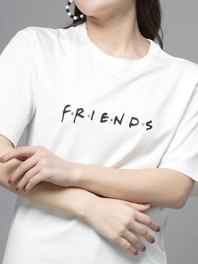 White printed regular fit T-shirt with "Friends" text design on soft Tencel fabric.