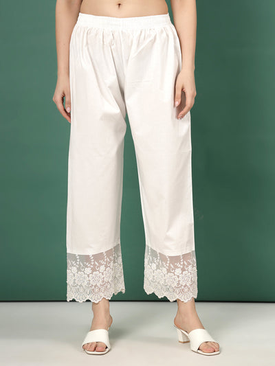 Women Off-White Palazzo Pants with Lace Accent