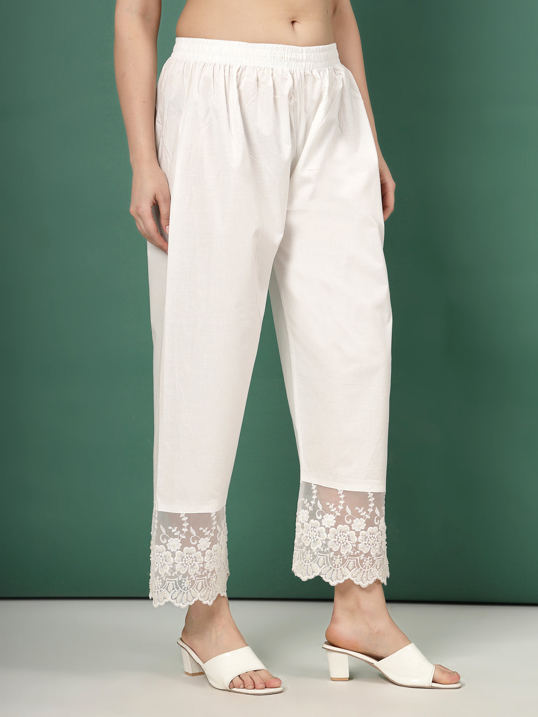 Off-White Palazzo Pants with Lace Accent and Wide-Leg Silhouette