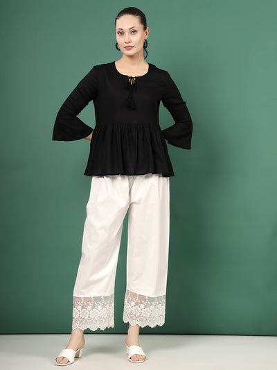 Off-White Palazzo Pants with Lace Accent and Wide-Legged Silhouette