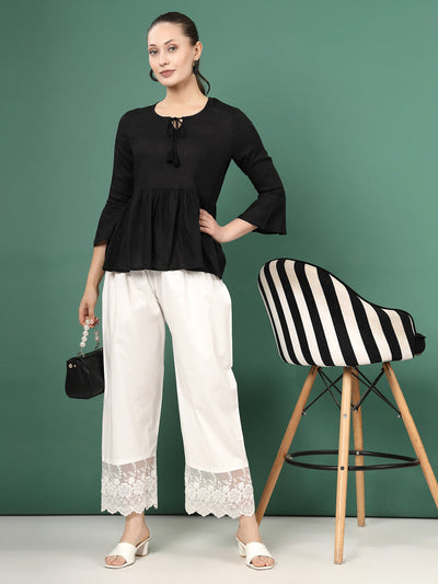 Off-White Palazzo Pants with Lace Accent, featuring a wide-legged silhouette and organza lace hem for a sophisticated look.