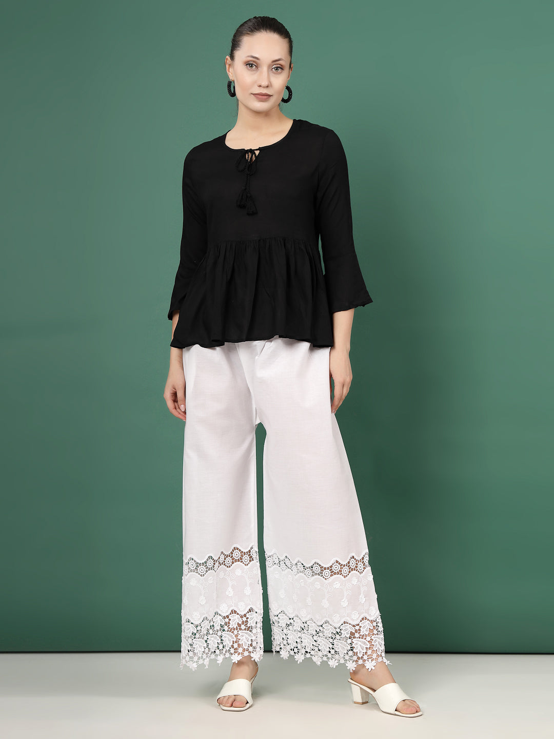 White Palazzo Pants with Lace Accent and Intricate Cut Work Design