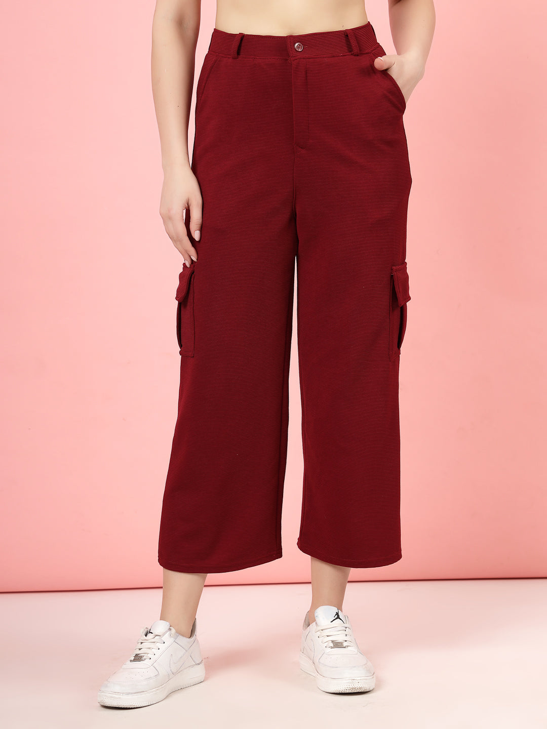 Maroon solid flat front mid-rise corduroy cargo trousers.