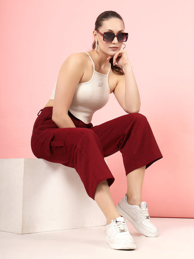 Maroon solid flat front mid rise corduroy cargo trousers