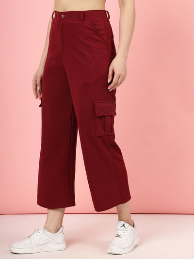 Maroon solid flat front mid-rise corduroy cargo trousers.