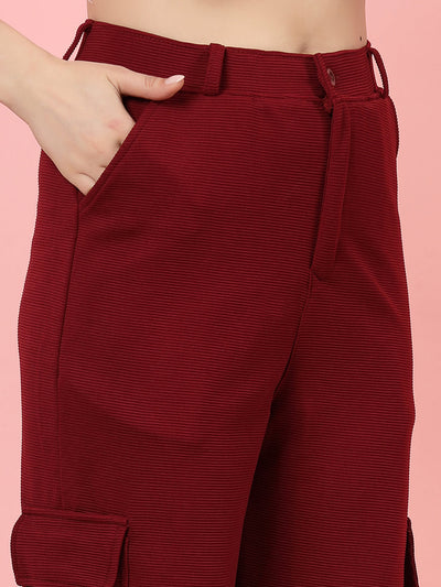 Maroon solid flat front mid-rise corduroy cargo trousers.