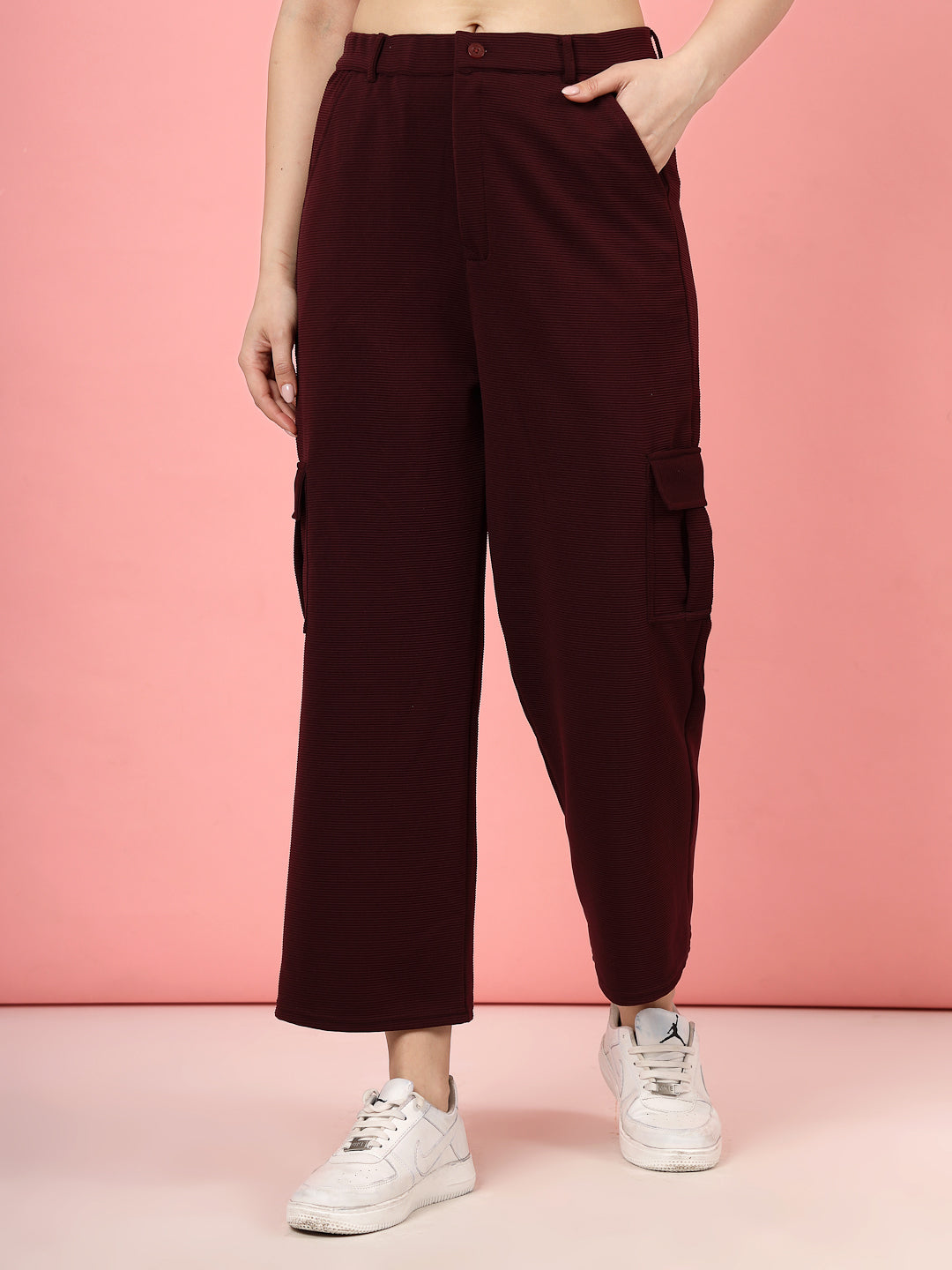 Wine solid flat front mid rise cargos in burgundy corduroy.