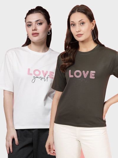 Women Solid White & Olive Regular Fit T-Shirt (Pack of 2)