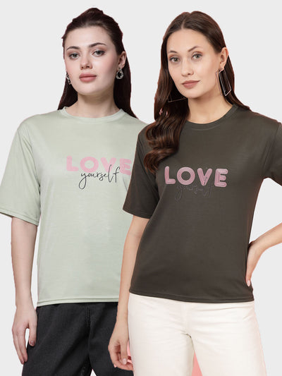 Solid pista green and olive regular fit T-shirt pack of 2, round neck, short sleeves, imported Tencel fabric.