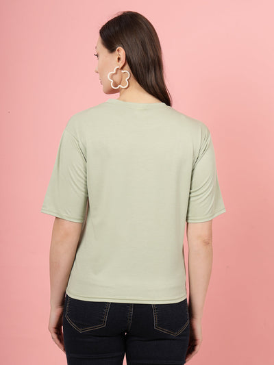 Solid white and pista green regular fit T-shirt, round neck, short sleeves, Tencel fabric.