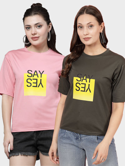 Solid Pink and Olive Regular Fit T-Shirt (Pack of 2), round neck, short sleeves.