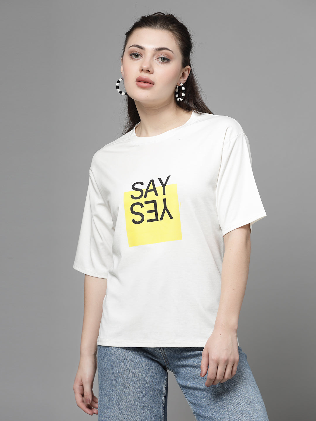 Solid White regular fit T-shirt with "SAY YES" print, round neck, short sleeves, Tencel fabric.