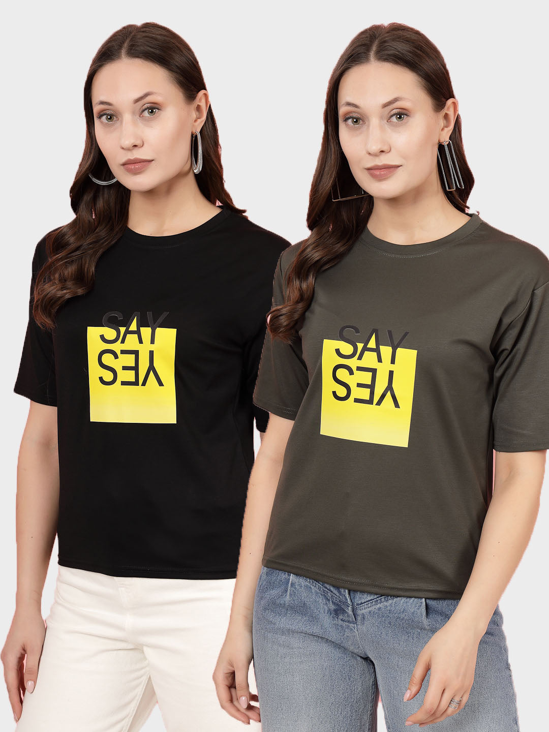 Solid black and olive regular fit T-shirt pack of 2, round neck, short sleeves, Tencel fabric.