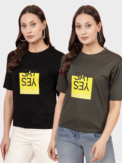 Women Solid Black & Olive Regular Fit T-Shirt (Pack of 2)