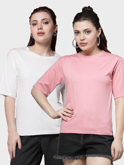 Women Solid White & Pink Regular Fit T-Shirt (Pack of 2)