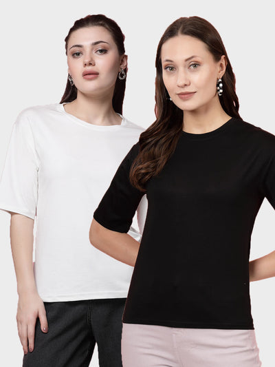 Women Solid White & Black Regular Fit T-Shirt (Pack of 2)