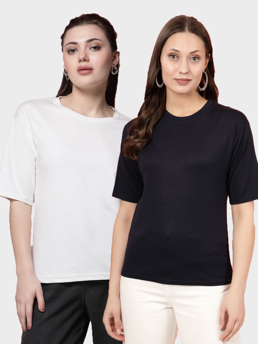 Solid white and navy blue regular fit T-shirt pack of 2, round neck, short sleeves, Tencel fabric.