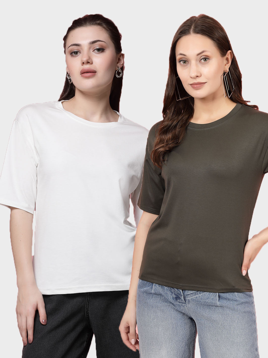 Women Solid White & Olive Regular Fit T-Shirt (Pack of 2)