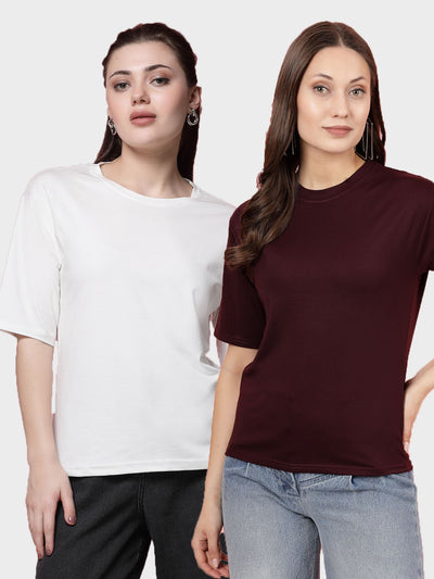 Solid white and wine regular fit T-shirts pack of 2, round neck and short sleeves.