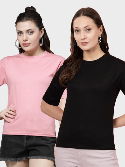 Women Solid Pink & Black Regular Fit T-Shirt (Pack of 2)