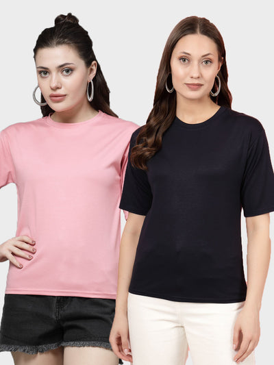 Solid pink and navy blue regular fit T-shirts pack, round neck, short sleeves, Tencel fabric.