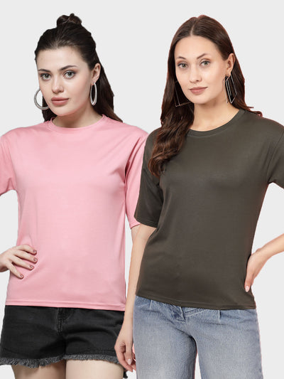 Solid pink and olive regular fit T-shirt pack with round neck and short sleeves.