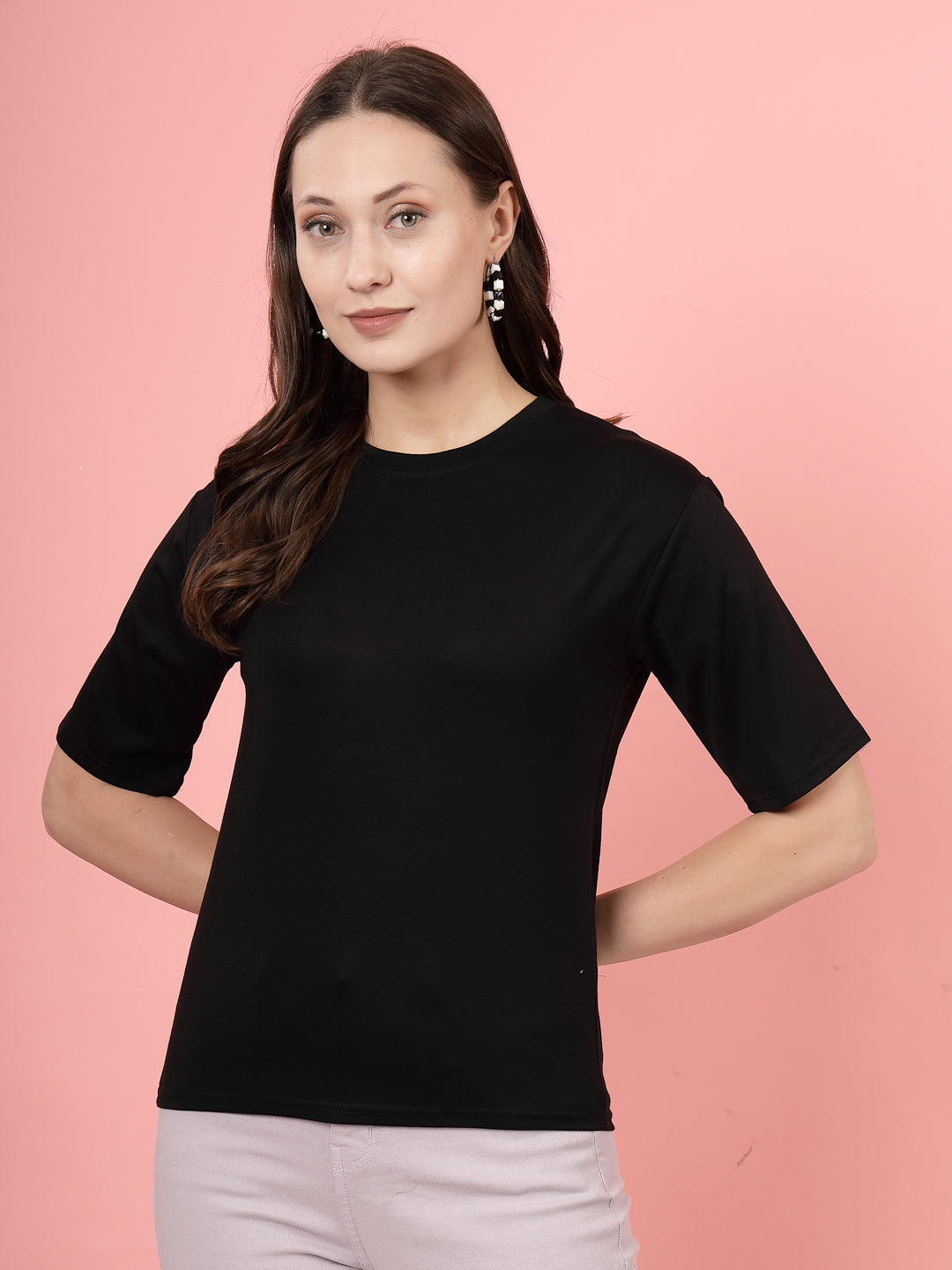 Solid Black T-Shirt with Round Neck and Short Sleeves, Regular Fit