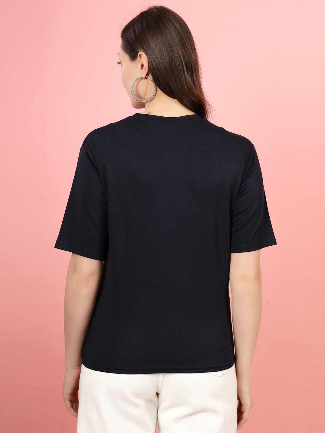 Solid black regular fit T-shirt, round neck, short sleeves, back view.