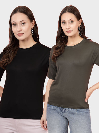 Solid black and olive regular fit T-shirt pack of two with round neck and short sleeves.