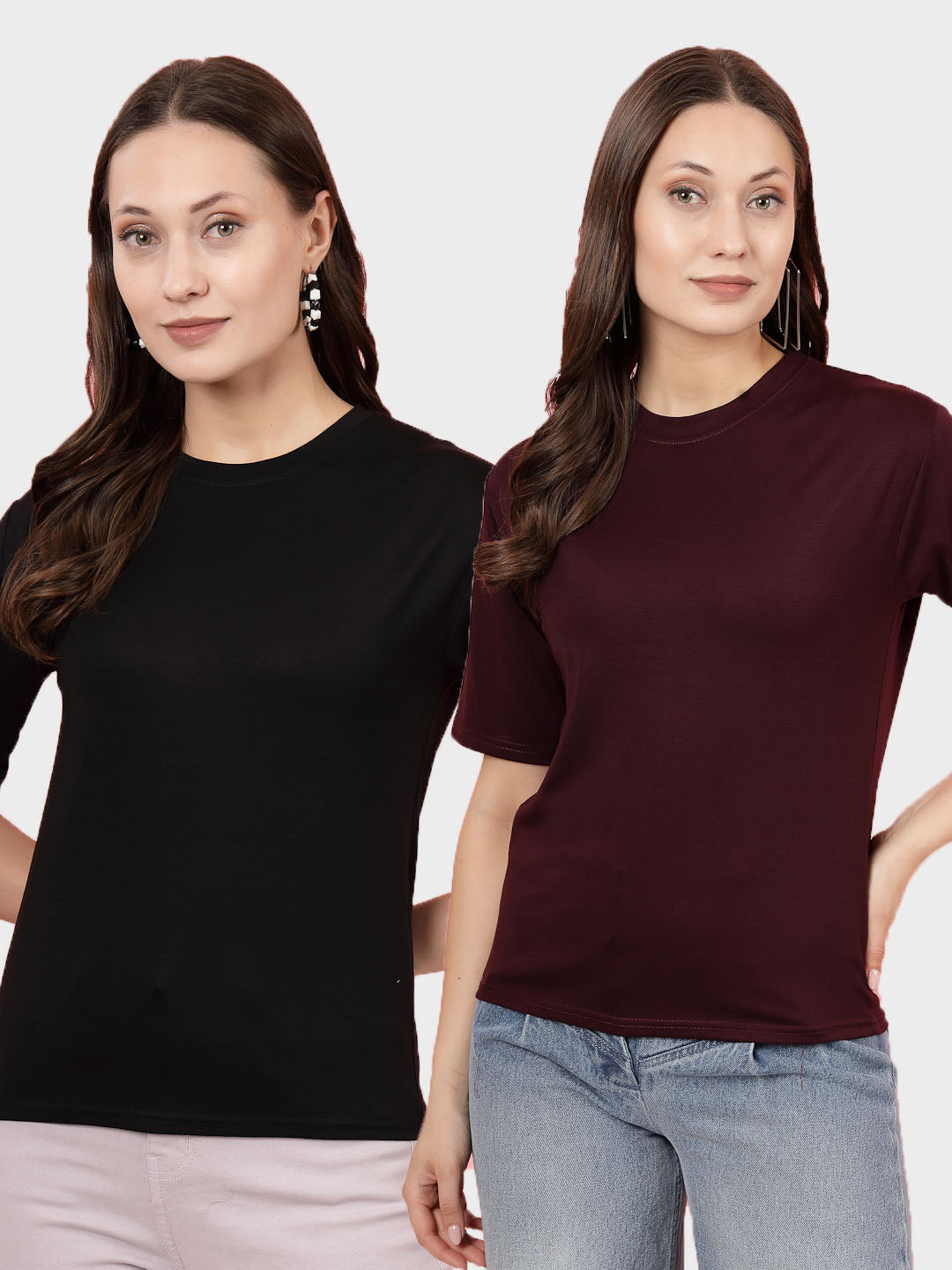 Women Solid Black & Wine Regular Fit T-Shirt (Pack of 2)