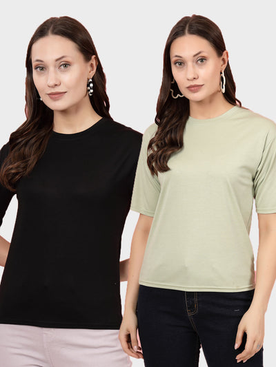 Women Solid Black & Pista Green Regular Fit T-Shirt (Pack of 2)