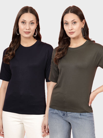 Solid black and pista green regular fit t-shirts pack of 2, round neck, short sleeves, Tencel fabric.