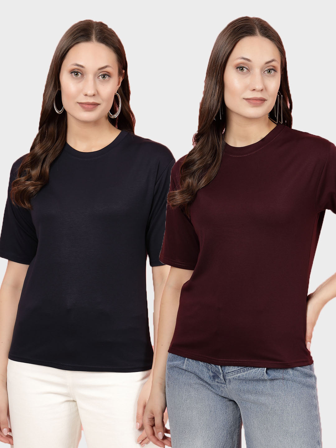 Solid navy blue and wine regular fit T-shirt pack of 2, round neck, short sleeves.