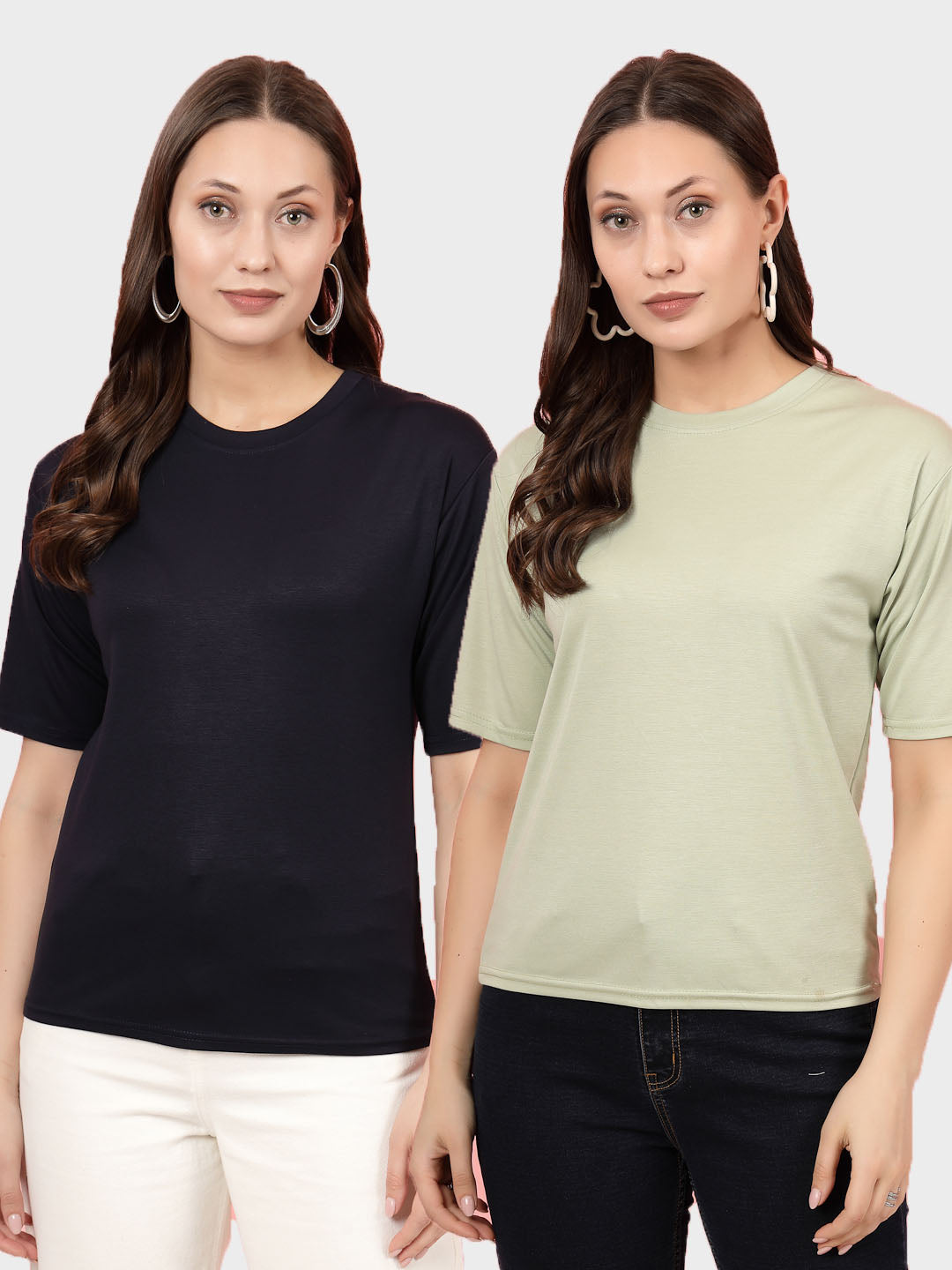 Women Solid Navy Blue & Pista Green Regular Fit T-Shirt (Pack of 2)