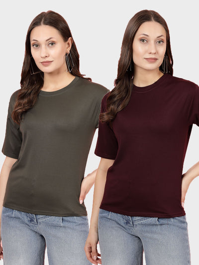 Solid Olive and Wine Regular Fit T-Shirts (Pack of 2) with Round Neck and Short Sleeves.