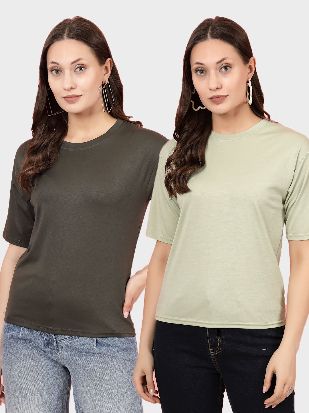 Solid Olive & Pista Green Regular Fit T-Shirt Pack of 2, Round Neck, Short Sleeves, Tencel Fabric.